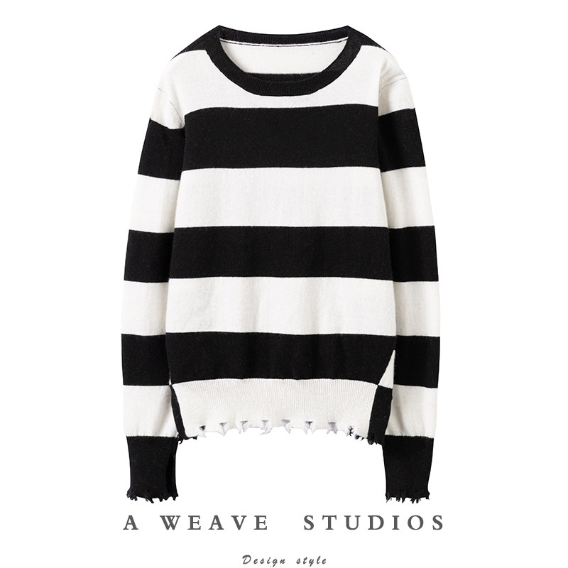 上身很有味道！黑白撞色条纹袖口破边打底羊绒衫女圆领纯羊绒毛衣,女装/女士精品,羊绒衫,淘宝优惠券,粉丝福利购,淘宝优惠卷