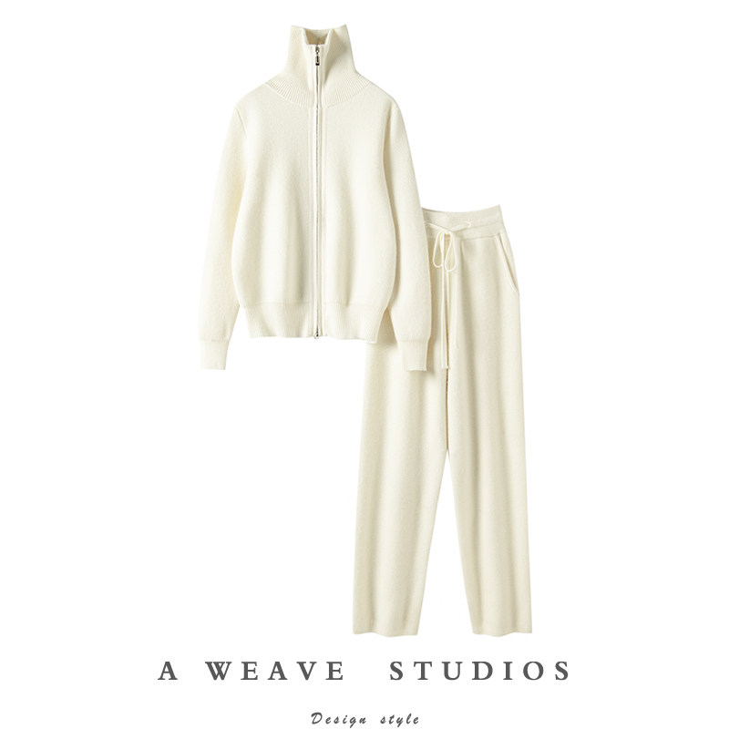 狂爱惬意生活！高级感纯山羊绒拉链开衫针织裤子两件套羊绒套装