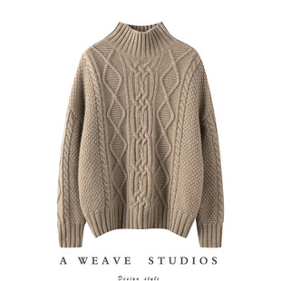 超赞~别具一格！软糯山羊绒直筒圆领宽松菱形绞花羊绒衫加厚毛衣