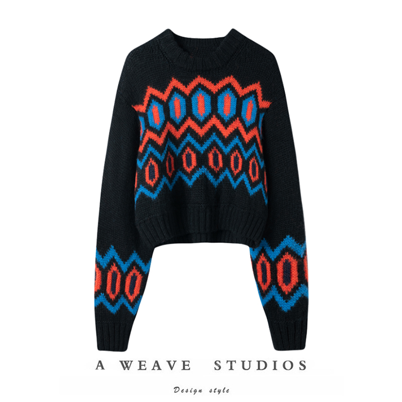 提花羊绒针织衫圆领长袖短款