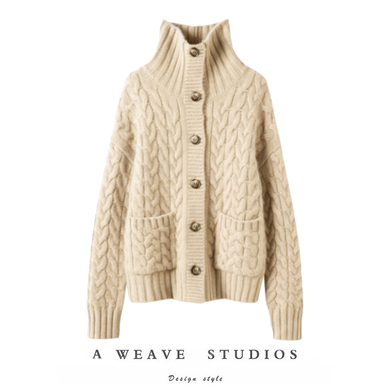 气质不寻常~100%山羊绒都市轻奢通勤麻花绞花立领开衫毛衣外套