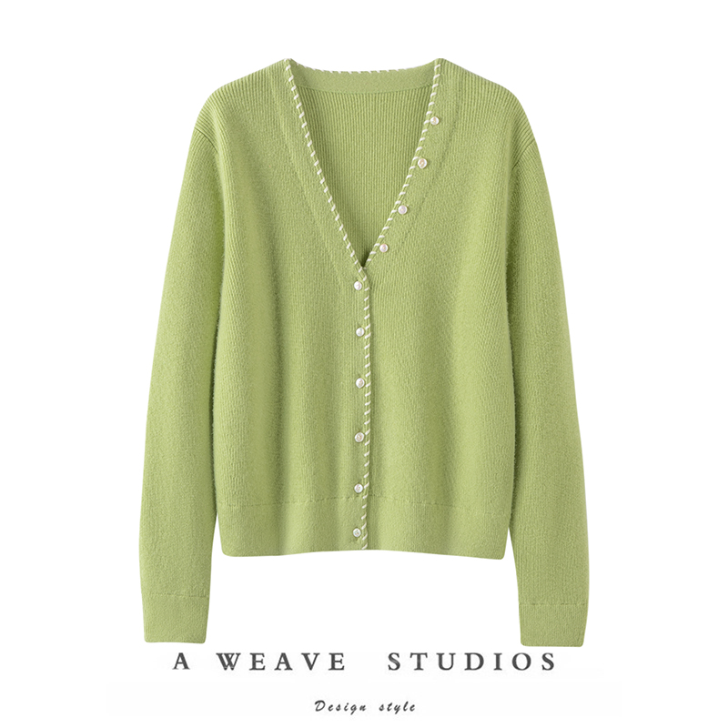 清新牛油果绿~100%纯山羊绒时尚手编外套针织开衫上衣新款