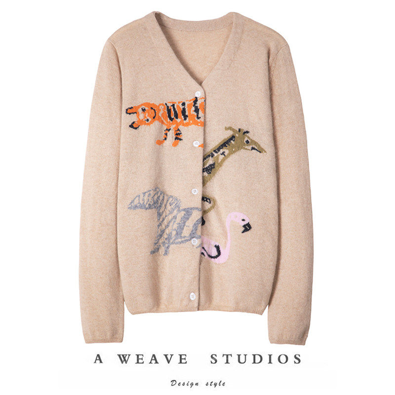 糖果色针织外套动物提花V领山羊绒开衫女纯羊绒毛衣秋冬【SQN】