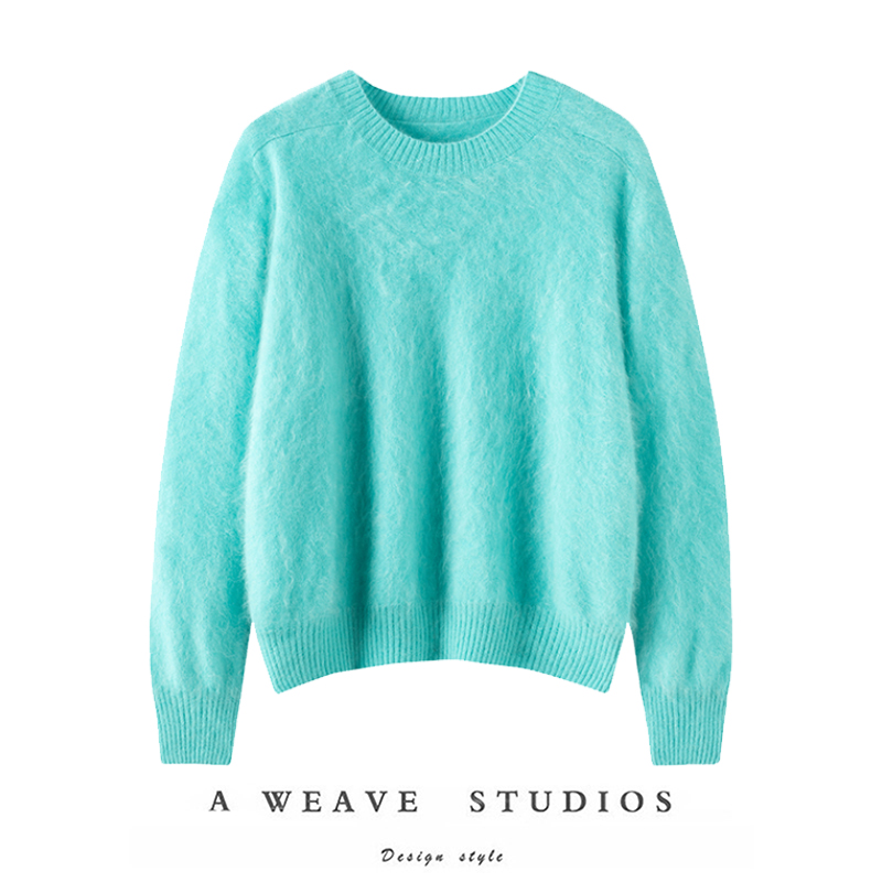 柔情似水~12针岛精皮草拉绒圆领针织100%纯羊绒衫女套头打底