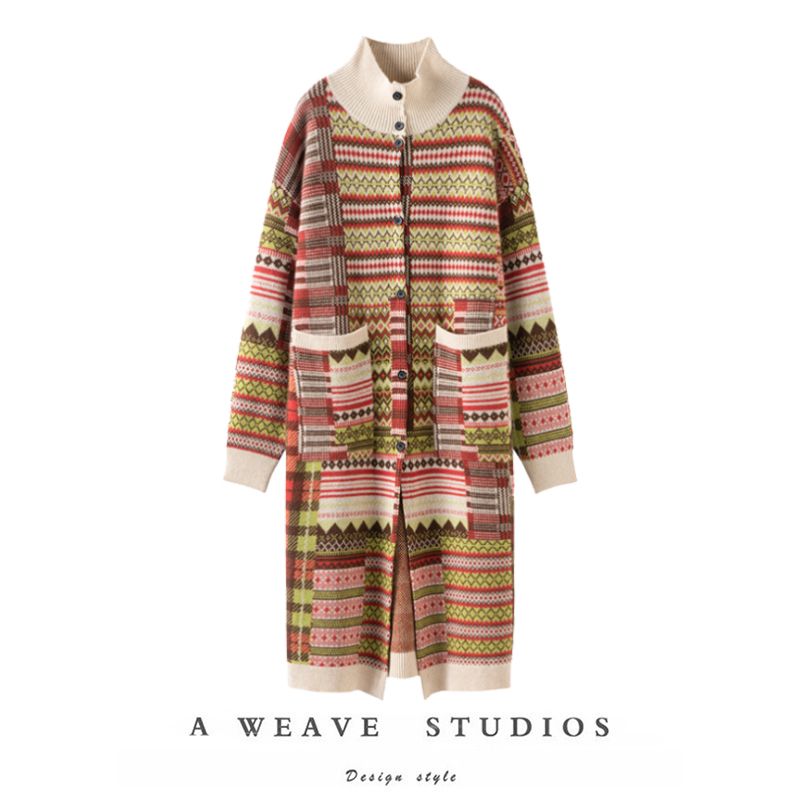 萨琪尼100%羊绒慵懒复古撞色拼接高领针织大衣