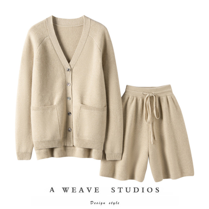 炸了炸了！加厚V领羊绒开衫女纯羊绒针织外套短裤休闲五分裤套装