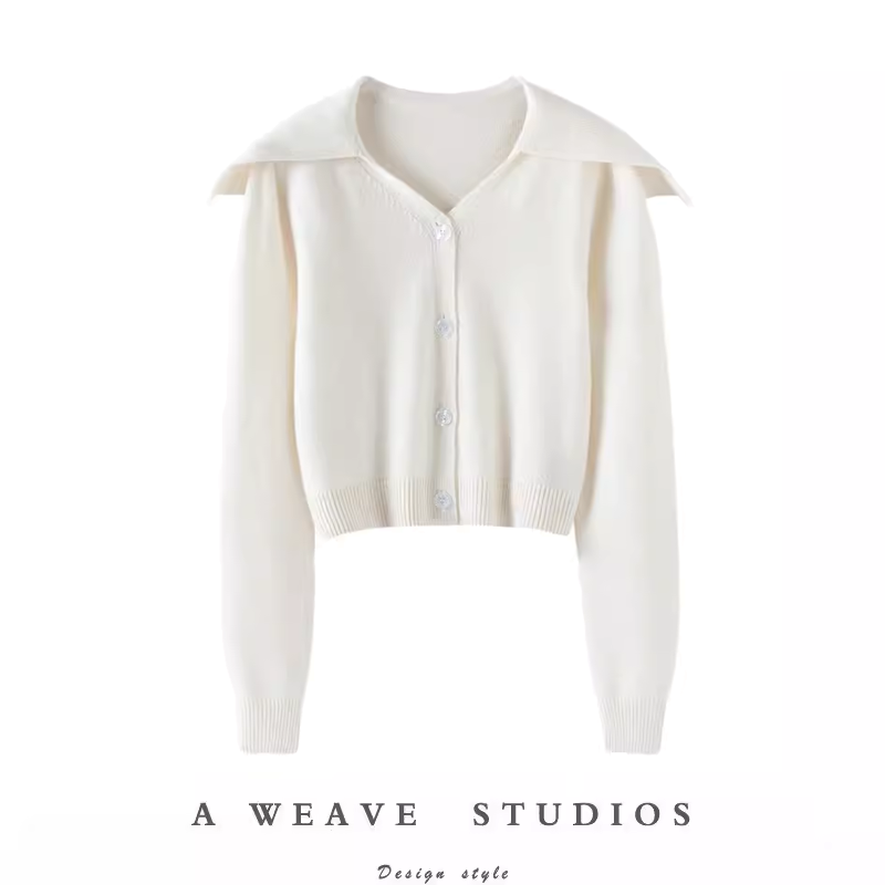 V领大翻领短款羊绒开衫女