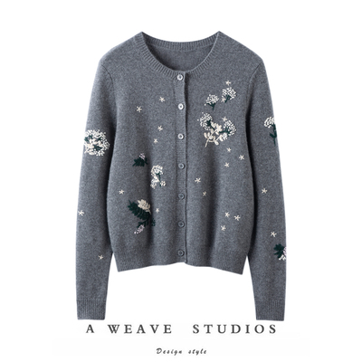 萨琪尼官方正品~绣一片花香盎然手工打籽绣100%山羊绒针织开衫