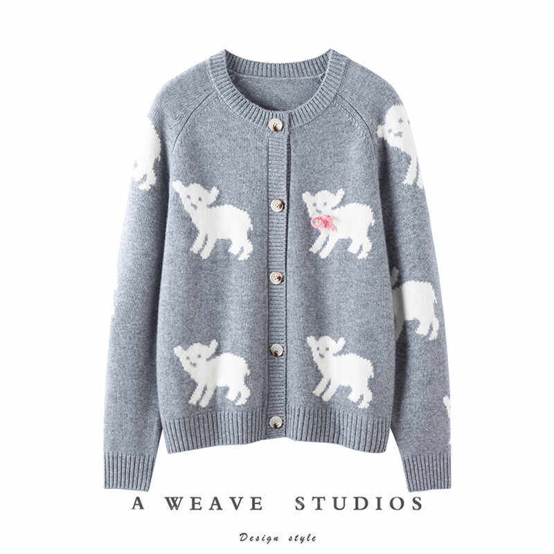 萨琪尼甜美蝴蝶结小羊提花针织衫女秋新款宽松短款羊绒毛衣外套,女装/女士精品,羊绒衫,淘宝优惠券,粉丝福利购,淘宝优惠卷