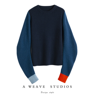 羊绒衫 修身 女圆领纯羊绒毛衣 撞色弯刀袖 萨琪尼官方正品