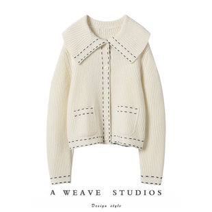 俏皮减龄娃娃领~ 女娃娃领加厚冬羊绒针织开衫小众宽松虚线条外套