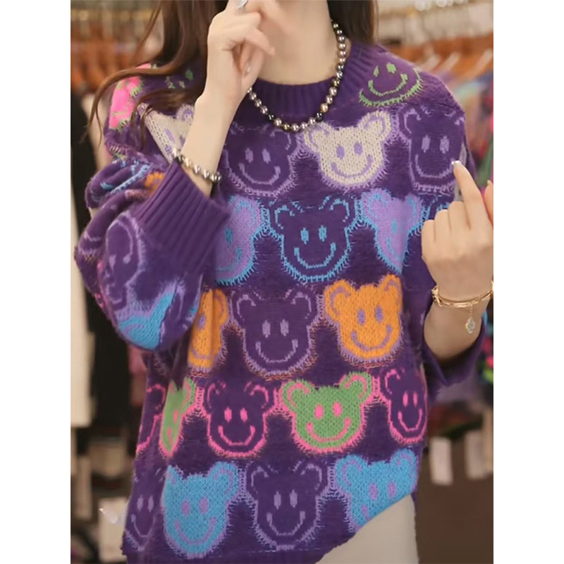 萨琪尼秋冬2025新款韩系穿搭卡通减龄宽松提花毛巾绣圈圈毛女装