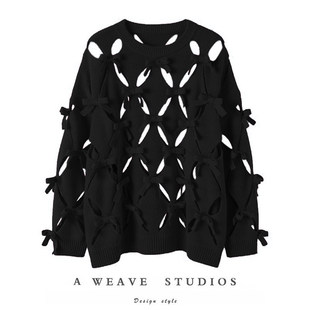 羊绒针织衫 镂空羊绒毛衣女蝴蝶结时尚 100%纯羊绒衫 太好搭了