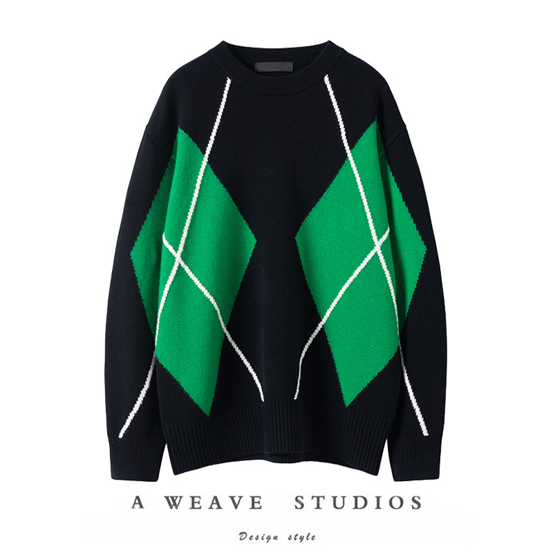 学院风撞色菱格针织羊绒毛衣