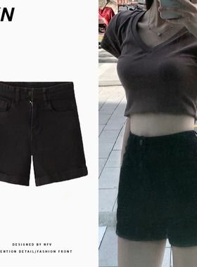 2023年夏季新款黑色牛仔短裤女chic港风小个子热裤高腰显瘦直筒裤