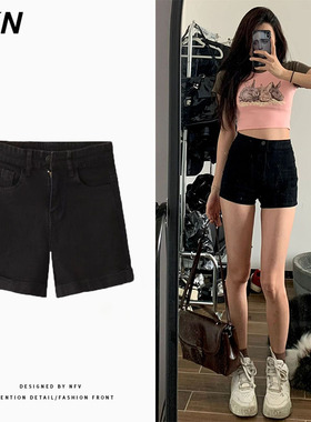 夏季新款美式黑色牛仔短裤女chic港风小个子热裤高腰显瘦直筒裤子