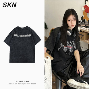 做旧水洗灰创意上衣女宽松hiphop街头朋克风纯棉短袖 夏季 T恤ins潮
