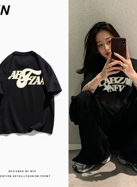复古设计感字母黑色纯棉短袖T恤女街头风美式小众宽松创意上衣男