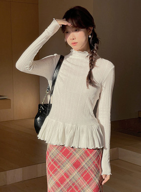 芭蕾风半高领荷叶边针织打底衫女长袖内搭修身白色上衣
