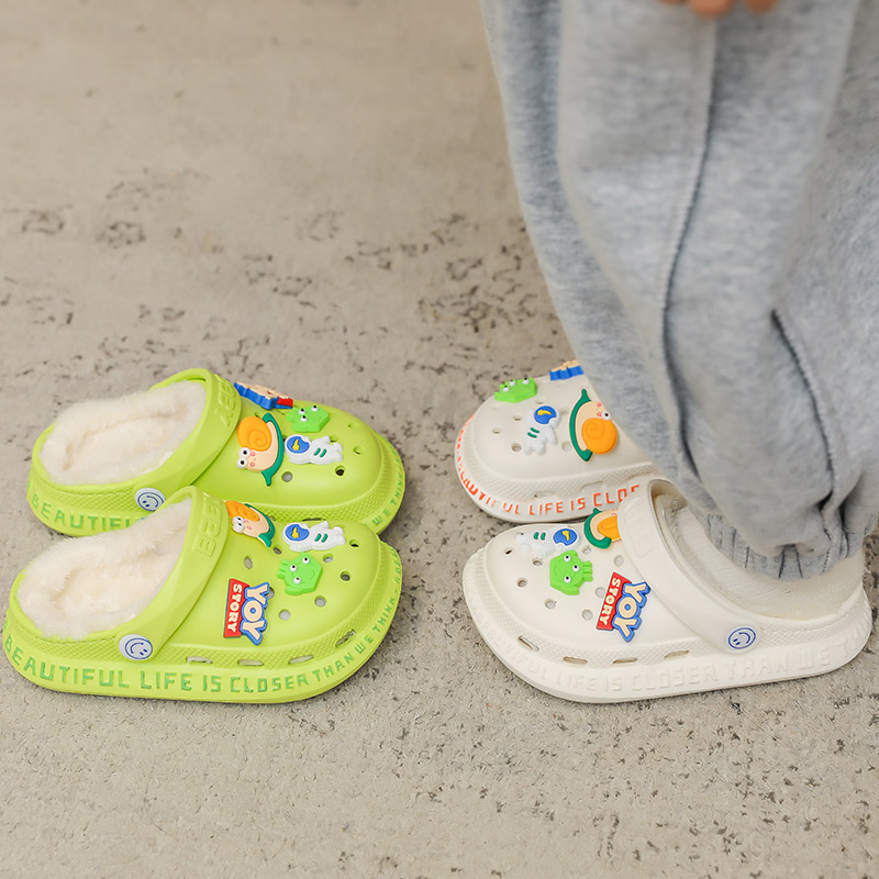 儿童棉拖鞋包跟秋冬季男童宝宝可爱小蜗牛防滑毛毛洞洞鞋加绒内胆