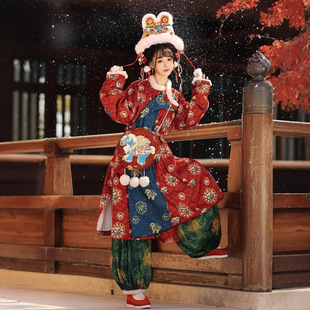 原创唐制汉服女2025新款圆领袍刺绣灯笼裤复原风冬季加绒拜年古装