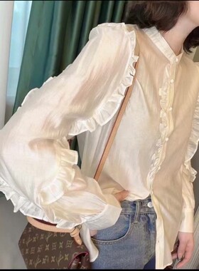 特价 花边袖天丝唯美淑女衬衫2024夏薄款衬七七迷兰93511荷叶边衬