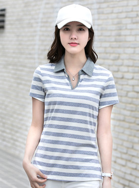 夏季纯棉条纹短袖T恤女翻领POLO衫半袖体恤打底衫OL时尚少女t恤衫