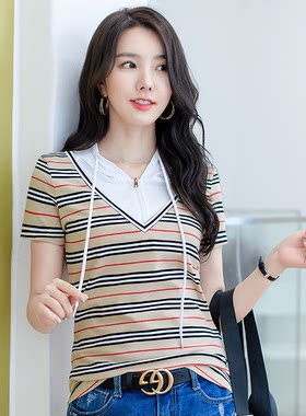 夏季女短袖纯棉条纹连帽假两件恤衫韩版OL时尚显瘦MM工装体恤汗衫