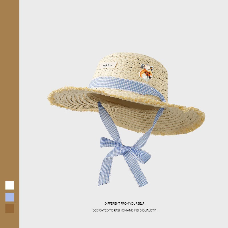 法式Maison Hysan小狐狸韩系甜美可爱大檐拉菲草遮阳草帽海边防晒