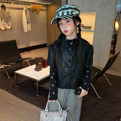 花与寻女童2026秋款韩版皮衣小衫儿童短款翻领短款PU皮时髦外套潮