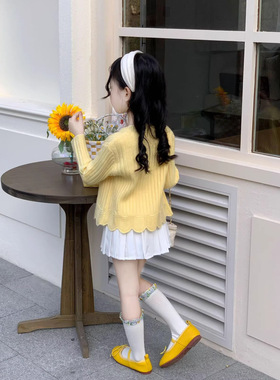2026春季新款韩版女童奶黄色针织甜美开衫百褶裙套装洋气