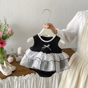 点兮夏季 背心针织哈衣婴幼儿蝴蝶结包屁衣宝宝拼纱连体三角爬 新款