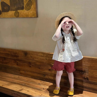 甜美女童娃娃衫 衬衫 衬衣新款 短袖 女宝宝可爱卡通刺绣薄款 2025夏装