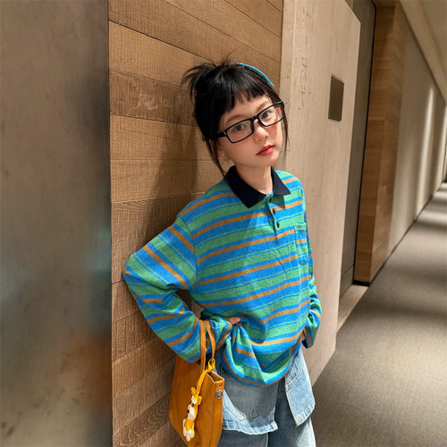 花与寻女童2026秋款韩版撞色条纹翻领T恤宽松休闲长袖Polo上衣潮