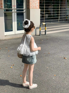 女童夏装韩版气质无袖蓬蓬蕾丝下摆娃娃衫上衣+复古牛仔半裙单拍