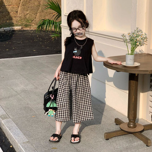 女童套装2026春夏季新款中小童2-7岁韩版无袖背心儿童7分裤格子裤