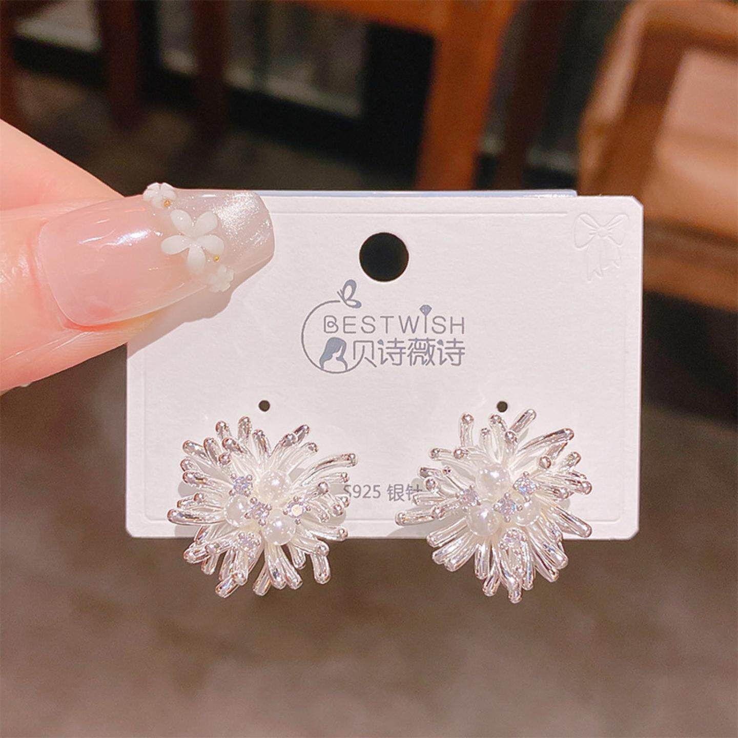 璀璨烟花银色珍珠耳环女士小众