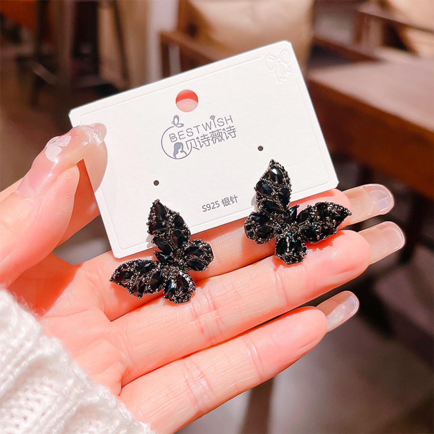 满锆黑色蝴蝶耳钉女轻奢小众