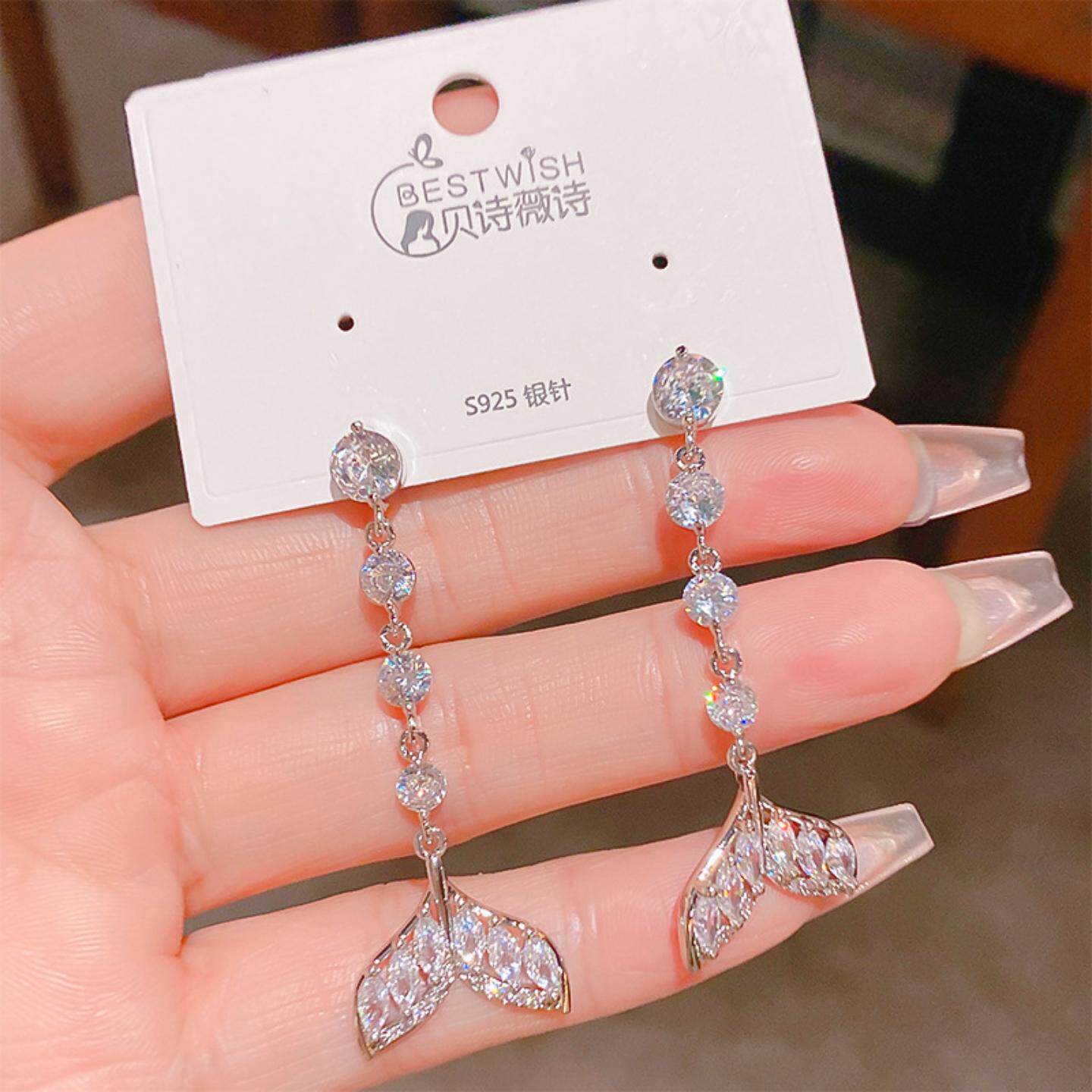 镀金超闪锆石鱼尾中长款耳环925