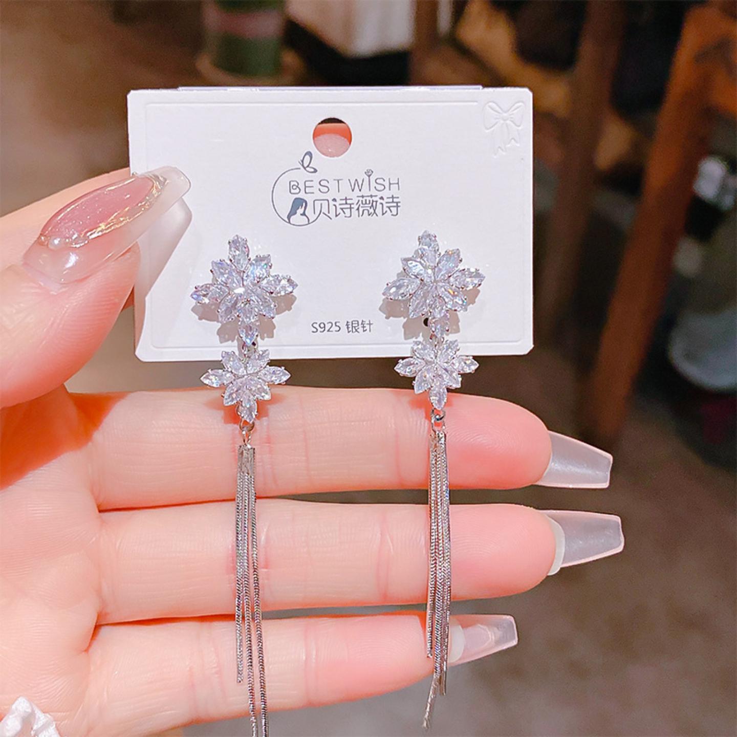 银针长款锆石雪花流苏耳环超闪