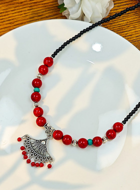 新款波西米亚民族风项链 复古拼色珠子流苏古风扇形头饰项链两用