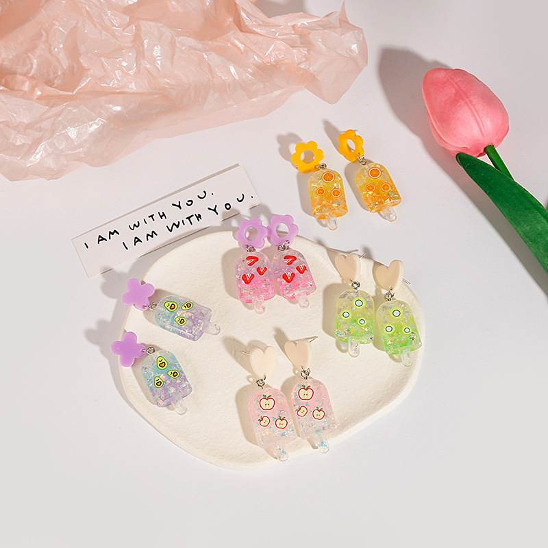 银针彩色树脂冰棒耳环 仿真水果雪糕冰淇淋冰棍吊坠耳钉耳饰女