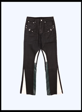 BrokenSword 欧美vibe街头涂层牛仔拼pu皮堆积柳钉微喇伐木裤男女