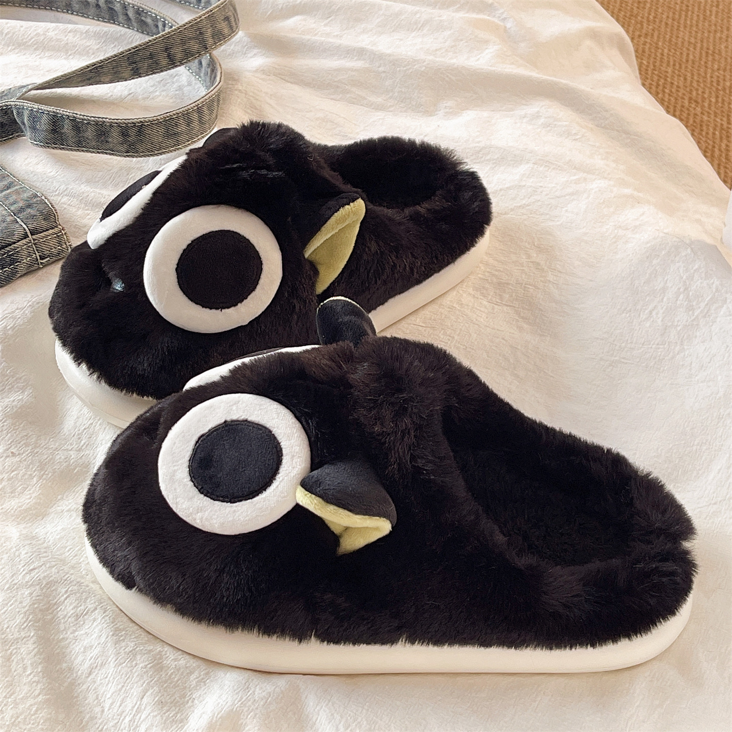 俏绘可爱猫咪厚底保暖包头棉拖鞋
