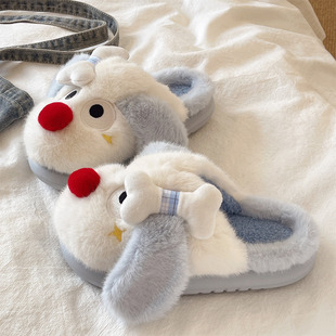 厚底棉拖鞋女冬季可爱骨头小狗室内家居包头防滑保暖毛绒月子拖鞋