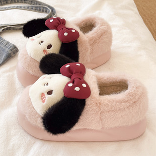 学生宿舍居家室内保暖毛绒可爱蝴蝶结女孩棉拖鞋 包跟棉鞋 女士冬季