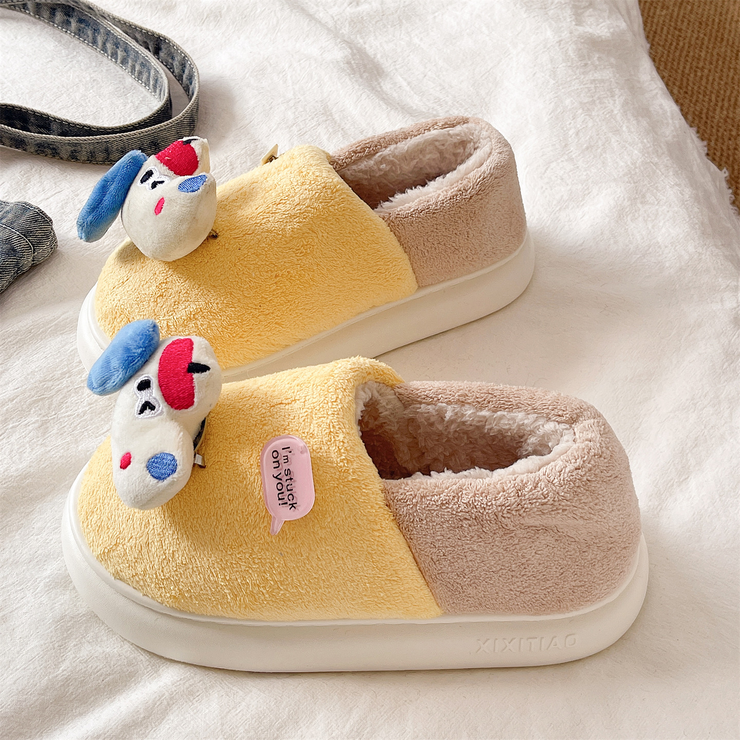 俏绘可爱小狗厚底保暖包跟棉拖鞋