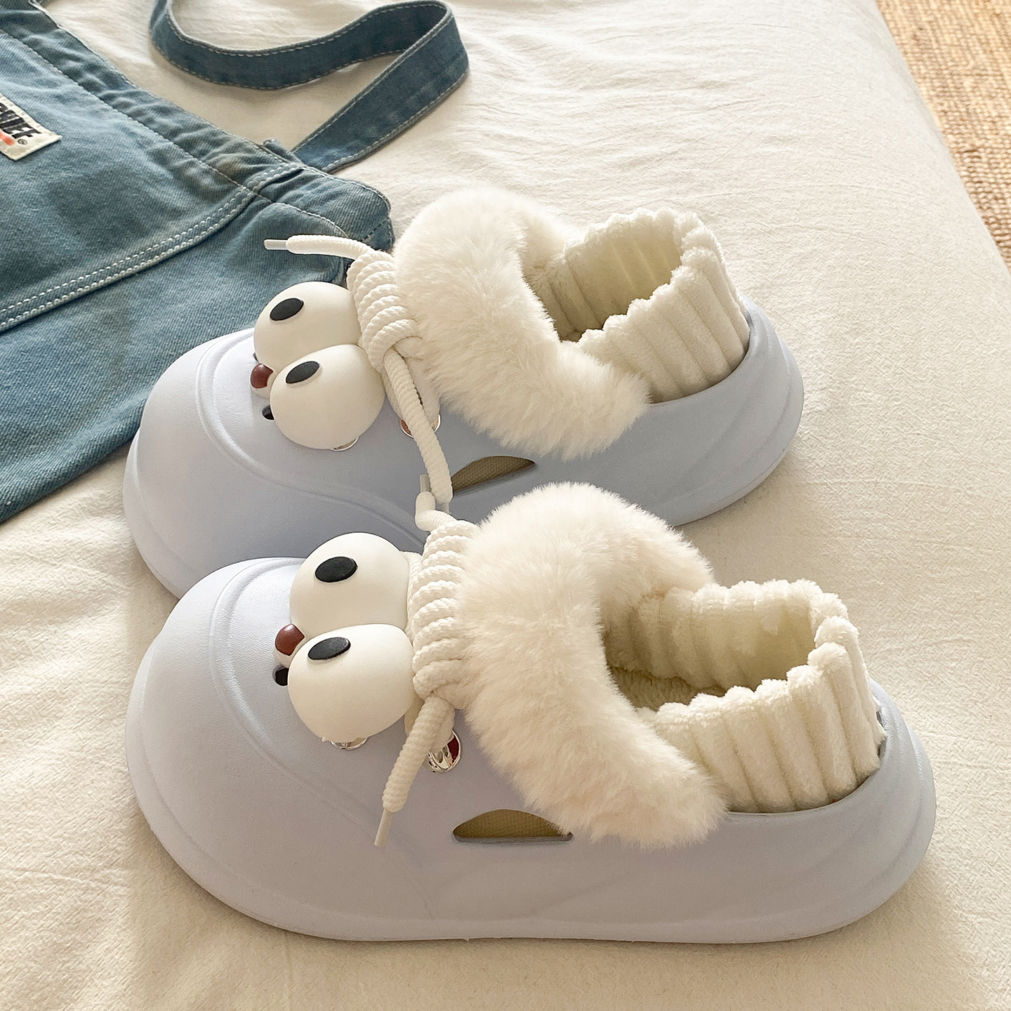 俏绘可爱大眼睛厚底防水棉拖鞋