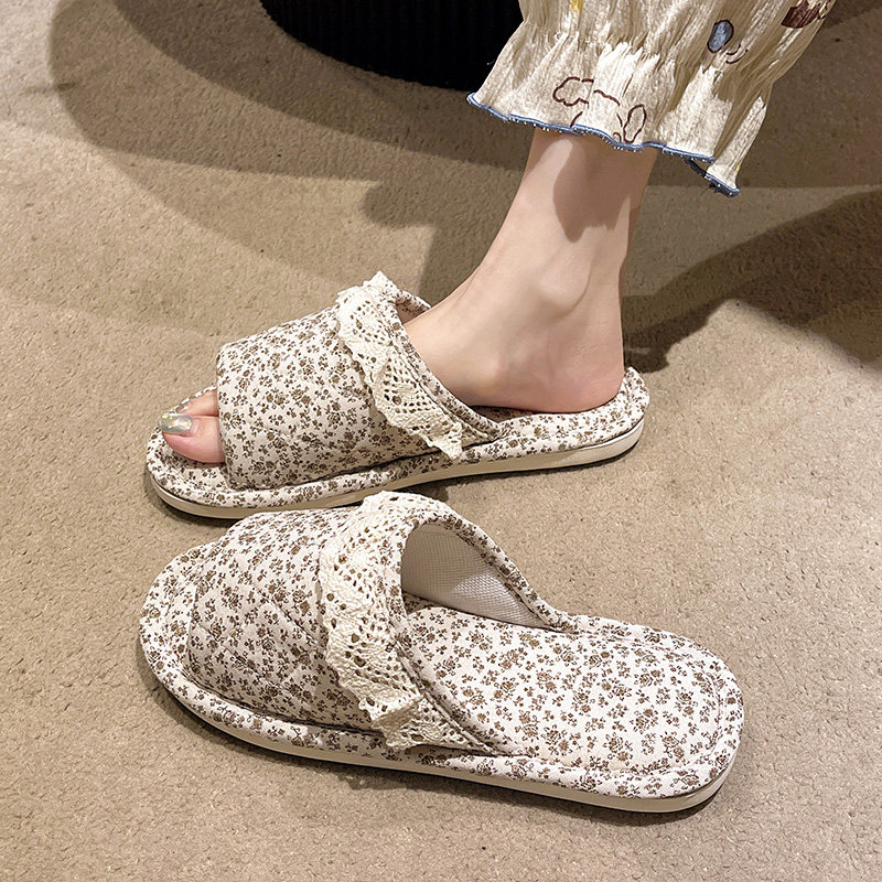 棉麻拖鞋女秋冬季四季通用复古碎花蕾丝边室内居家软底防滑一字拖