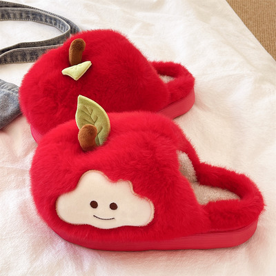 俏绘可爱苹果厚底防滑保暖棉拖鞋